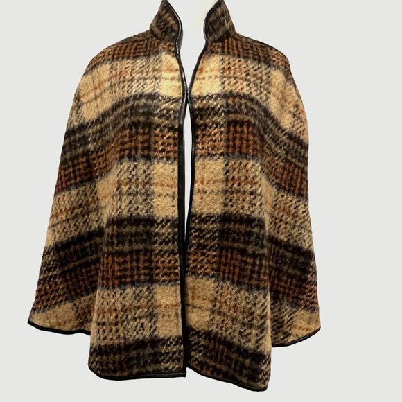 Karen Kane Brown Plaid Open Cape, Faux Leather Trim, Brown Black Tan, S - Picture 1 of 8